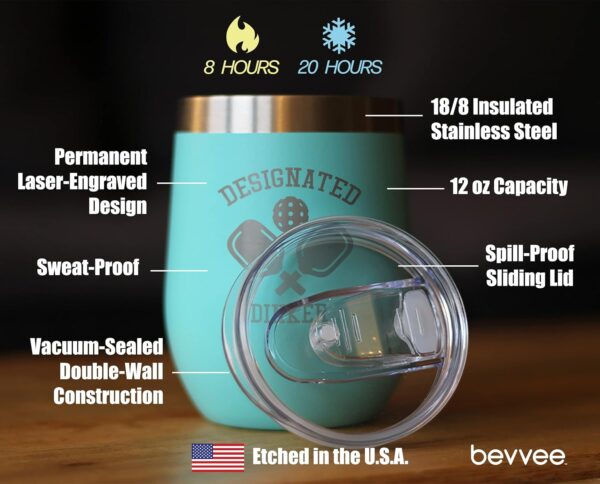 Designated Dinker - Wine Tumbler Glass with Sliding Lid - Stainless Steel Insulated Mug - Funny Pickleball Themed Gifts and Decor - Teal