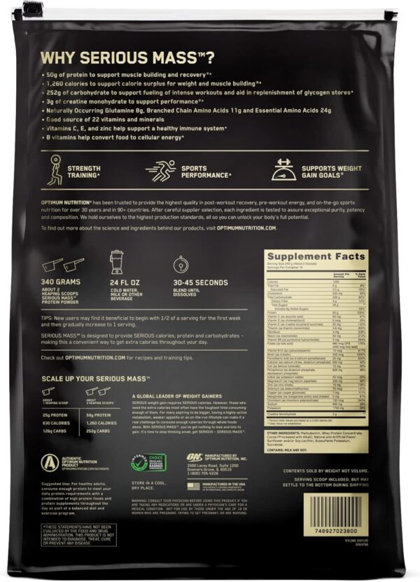 Optimum Nutrition Serious Mass, Weight Gainer Protein Powder, Mass Gainer, Vitamin C and Zinc for Immune Support, Creatine, Chocolate, 12 Pound (Packaging May Vary)