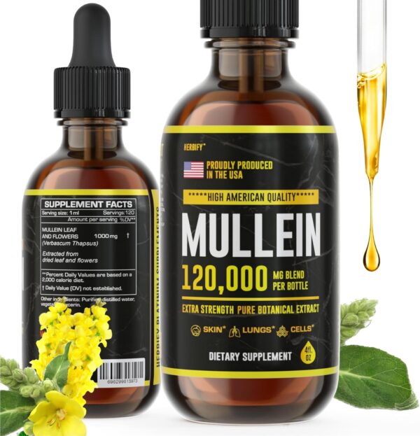 HERBIFY Mullein Drops - Lung Cleanse - Leaf Extract - Powerful Mullein for Immune Support,Detox & Respiratory Support - Made in USA - Lung Cleanse for Smoker - 4 Oz