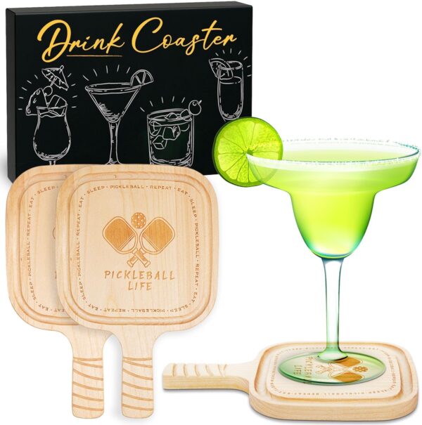 Pickleball Drink Coasters, 2 Pack, Pickleball Gift for Men Women Pickleball Lovers, Party Decoration, Birch Wood Coaster Set, 4.3 x 4.3”, Paddle Shape with Handle