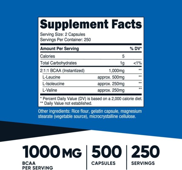 Nutricost BCAA 1000mg, 500 Capsules (250 Serv), 2:1:1 Branched Chain Amino Acids (500mg of L-Leucine, 250mg of L-Isoleucine and L-Valine)