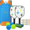 Premium Youth Pickleball Paddle Set, 2 Fiberglass Kids Paddles with Honeycomb Core, Bundle of Lightweight Fiberglass Rackets for Age 4-12, Backpack, 4 Balls, 2 Kids Rackets