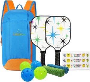 Premium Youth Pickleball Paddle Set, 2 Fiberglass Kids Paddles with Honeycomb Core, Bundle of Lightweight Fiberglass Rackets for Age 4-12, Backpack, 4 Balls, 2 Kids Rackets