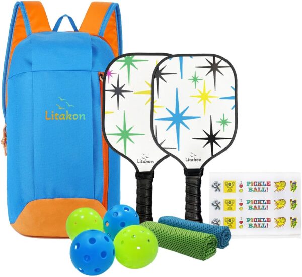 Premium Youth Pickleball Paddle Set, 2 Fiberglass Kids Paddles with Honeycomb Core, Bundle of Lightweight Fiberglass Rackets for Age 4-12, Backpack, 4 Balls, 2 Kids Rackets