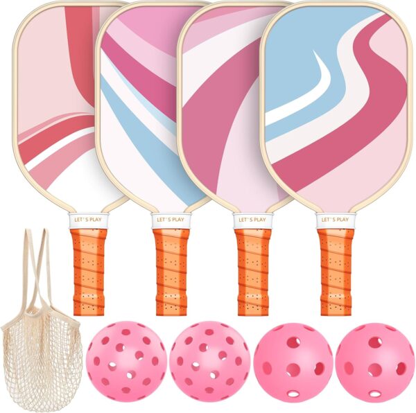 Pickleball Paddles Set of 4, Premium Wood with 4 Indoor & Outdoor Pickleball Balls and 1 Carry Bag, Pickleball Rackets with Ergonomic Cushion Grip for Beginner & Professional Gifts for Women Men Youth