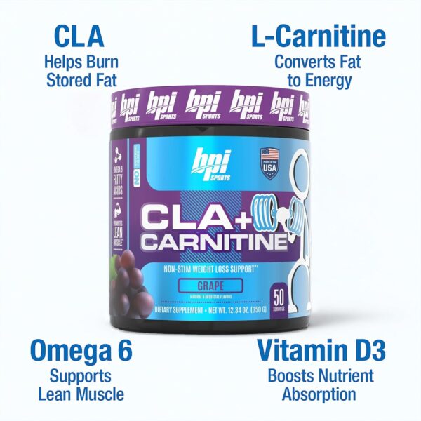 BPI Sports CLA + Carnitine – Conjugated Linoleic Acid – Performance, Lean Muscle – Caffeine Free – for Men & Women – Grape – 50 Servings – 12.34 Oz. (Packaging May Vary)