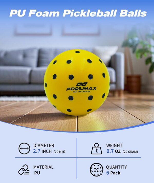 PodiuMax Indoor Pickleball Balls, 6 PCS Quiet Pickleballs, Foam Pickleball for Indoor & Outdoor Practice, Noise Reducing Soft Pickle Balls for All Ground Surfaces