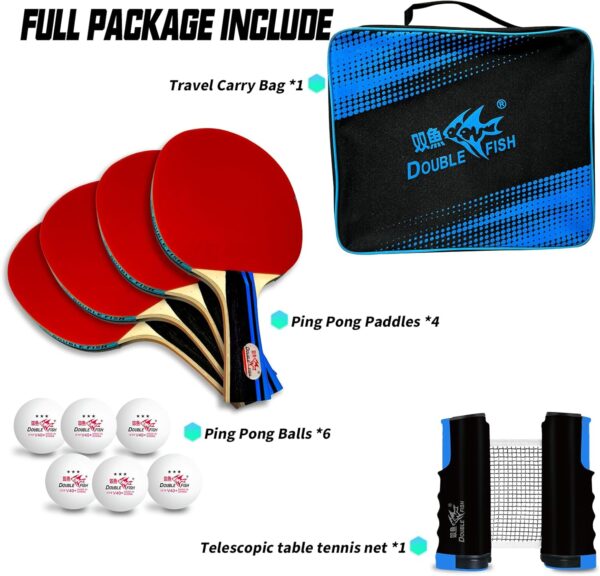Double Fish Ping Pong Paddle Set of 4, 6 Ping Pong Balls ITTF Approval Professional 3-Star WTT, Carrying Storage Case, Table Tennis Sets for Training, Game, Family Fun