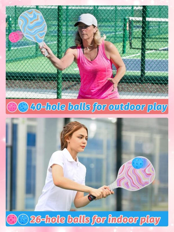 Cute Pickleball Set of 2 Paddles - Pink & Blue Lightweight Pickleball Rackets with 2 Indoor and 2 Outdoor Balls, 1 Portable Bag, for Beginner Youth Women Couple Gift