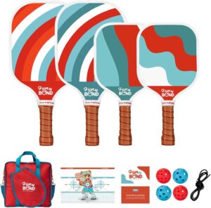 Pickleball Paddles Set of 4 - Family Training Bundle with 2 Kids Size Paddles, Fiberglass Paddles with Dink Board and Carry Bag