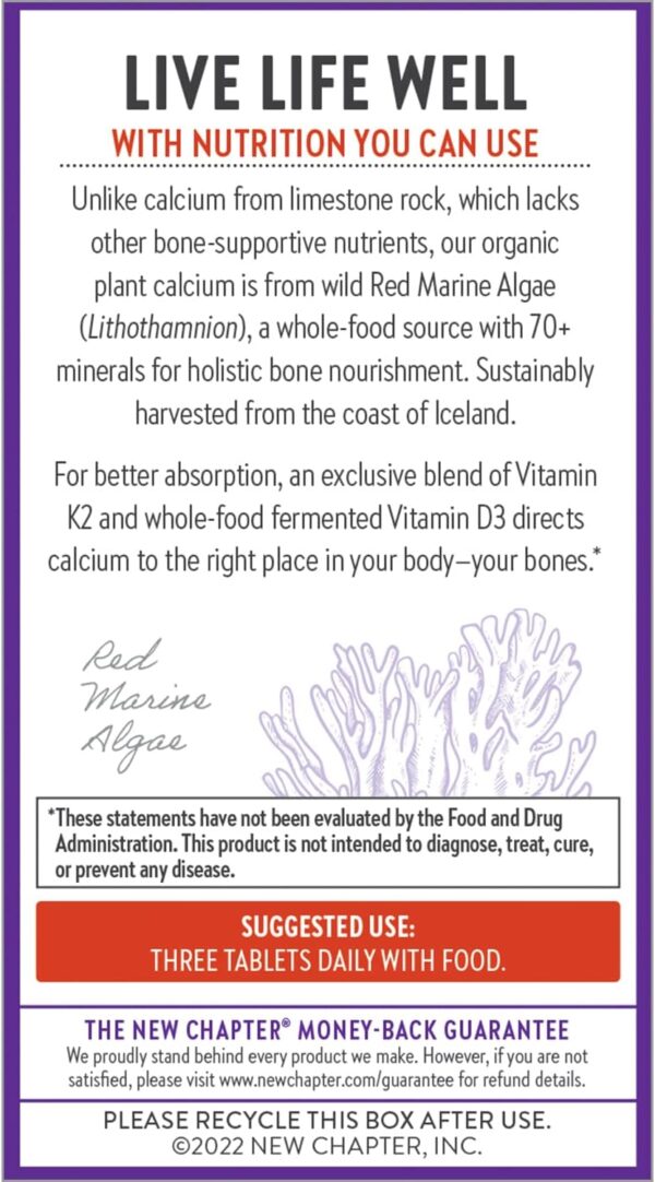 New Chapter Calcium Supplement - Bone Strength Organic Calcium with Magnesium, Vitamin D3+K2, 70+ Trace Minerals for Bone Health, Gluten Free, Easy to Swallow Slim Tablets - 120 Count