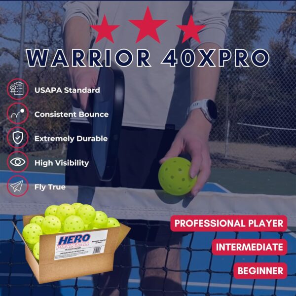 Hero Pickleball Warrior 40XPRO Veteran Owned - Durable Balls. Meets USA Pickleball Requirements. Works with All Paddles. Consistent Flight & Spin - 40 Machine-Drilled Holes