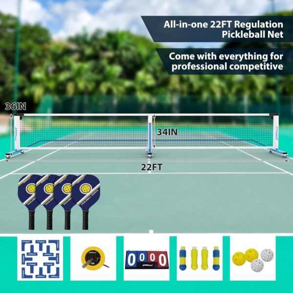 Portable Pickleball Net System with Lockable Wheels, Metal Frame Pickleball Court with LED Light, Regulation Size Net with Durable Carrying Bag, and 4 Pickleball Rackets.