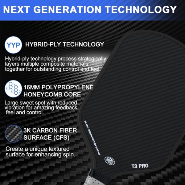 YYP Pickleball Paddles, 3K Raw Carbon Fiber Pickleball Paddle with High Grit & Spin, Ultra-Light Design, 16MM Polypropylene Honeycomb Core, Perfect for Professional Players