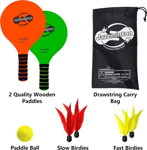 Funsparks Jazzminton Paddle Ball Game with Carry Bag - Indoor Outdoor Toy - Play at The Beach, Lawn or Backyard - 2 Wooden Racquets - 4 Shuttlecocks - 1 Ball