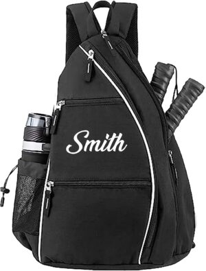 Personalized Pickleball Sling Bag Custom Paddle Backpack with Name or Logo Lightweight Durable Sports Gear Bag for Men Women Adjustable Strap Water Bottle Pocket Fence Hook Storage