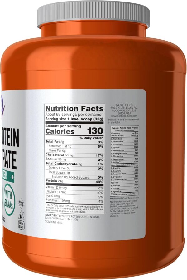 NOW Foods Sports Nutrition, Whey Protein Concentrate, 24 G With BCAAs, Unflavored Powder, 5-Pound