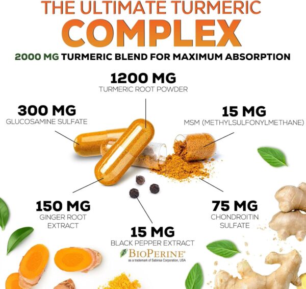 Turmeric Curcumin Supplement 2000mg with Glucosamine Chondroitin & Ginger, 95% Curcuminoids, BioPerine Black Pepper for Best Absorption, Nature's Joint Support, Non-GMO, Bottled in USA - 120 Capsules