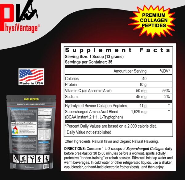 PhysiVantage Supercharged Collagen Peptides Powder - Hydrolyzed Collagen for Joint, Tendon, Ligament, & Skin Health Support - Vanilla, Keto, Paleo, 16oz | Enhanced with Vitamin C, BCAAs, Grass-Fed