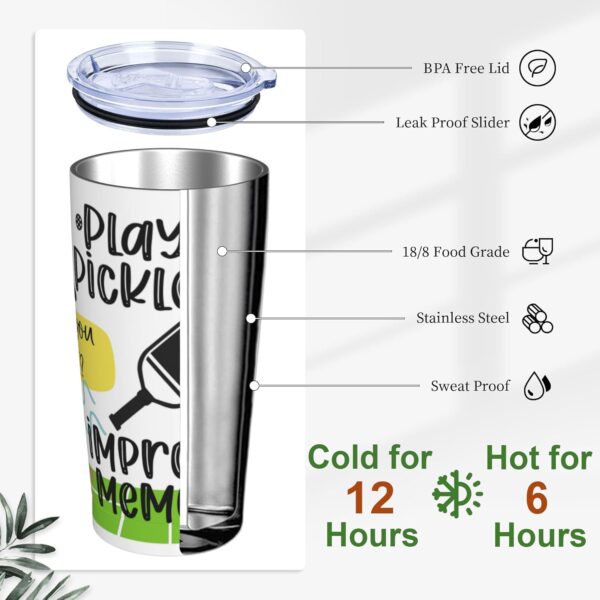 Pickleball Tumbler 20 oz, Funny Pickleball Gifts for Women Men, Playing Improves Memory Travel Mug Vacuum Insulated Stainless Steel Coffee Cup