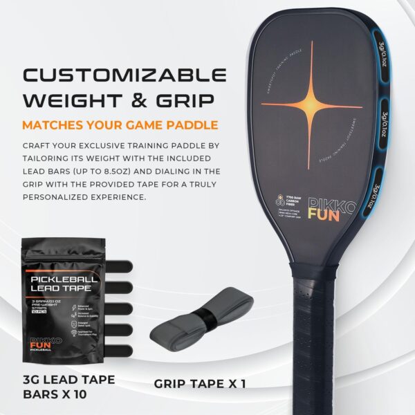 PIKKOFUN Pickleball Training Paddle Kit - Includes 10 Lead Bars & Overgrip for Customizable Weight - T700 Carbon Fiber Pickleball Trainer for Sweet Spot Practice - Extra Long Handle - 16mm Quiet Core