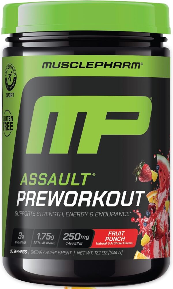 Muscle Pharm Assault Energy & Strength Pre Workout Powder for Men & Women with Beta Alanine, Caffeine, Creatine & Betaine Anhydrous, Pre-Workout Supplements, 30 Servings, Fruit Punch Flavor
