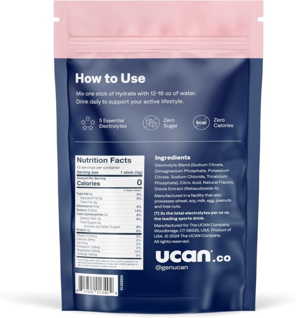 UCAN Hydrate Electrolyte Drink Mix (Watermelon, 12 Stickpacks) Sugar-Free, Keto-Friendly, Vegan, Non-GMO, Gluten-Free Electrolyte Powder with Potassium & Magnesium for Runners & Athletes