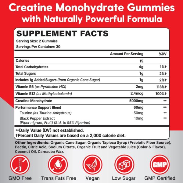 Creatine Monohydrate Gummies for Men & Women - Creatine Pre-Workout Gummies with Taurine & Vitamin B6 B12 for Maximum Strength, Muscle, Energy, Endurance & Focus, Organic, Vegan - 120 Count