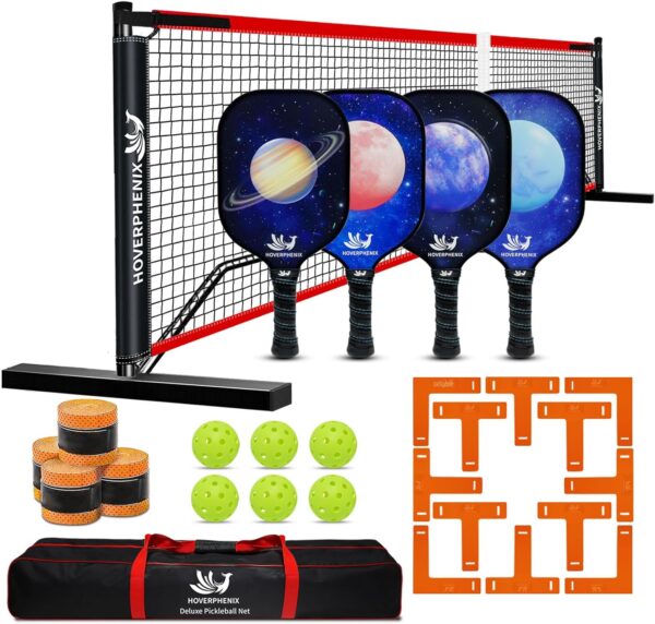 Pickleball Set with Net and Court Marker, 22 FT Regulation Size Pickleball Net System with Fiberglass Paddles Set of 4, Outdoor Pickleballs, Court Line Marker, Carry Bag for Driveway Backyards