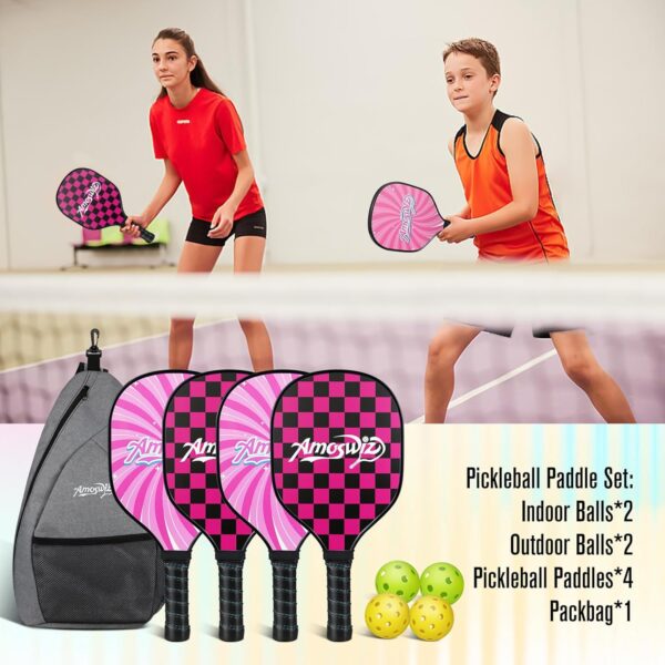 Pickleball Paddles Set of 4, Wood Pickle Ball Racket with 4 Balls, Pickleball Starter Set for Men & Women, All in One Pickle Ball Paddles Set of 4