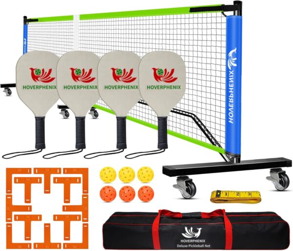Hoverphenix Pickleball Net for Driveway, 22FT Regulation Size Pickleball Net with Paddles Set of 4, Pickleballs and Carry Bag for Outdoor Indoor Game