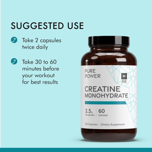 Dr. Mercola Pure Power Creatine Monohydrate, 60 Servings (120 Capsules) 2.5g Per Serving, Dietary Supplement, Strength and Energy, Non-GMO, NSF Certified for Sport, 2 Pack