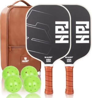 Pickleball Paddles, USAPA Approved Pickle Ball Paddles, Graphite and Fiberglass Pickleball Set, Polypropylene Honeycomb Core Paddle Rackets, USAPA Approved 4 Outdoor Balls and Leather Carry Bag