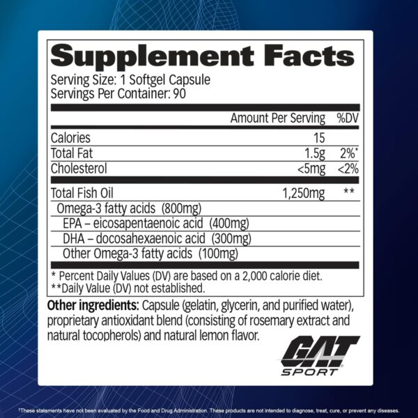 GAT SPORT Omega-3 Fish Oil, High Potency EPA, DHA, Brain, GLP1 Support, 90 Softgels