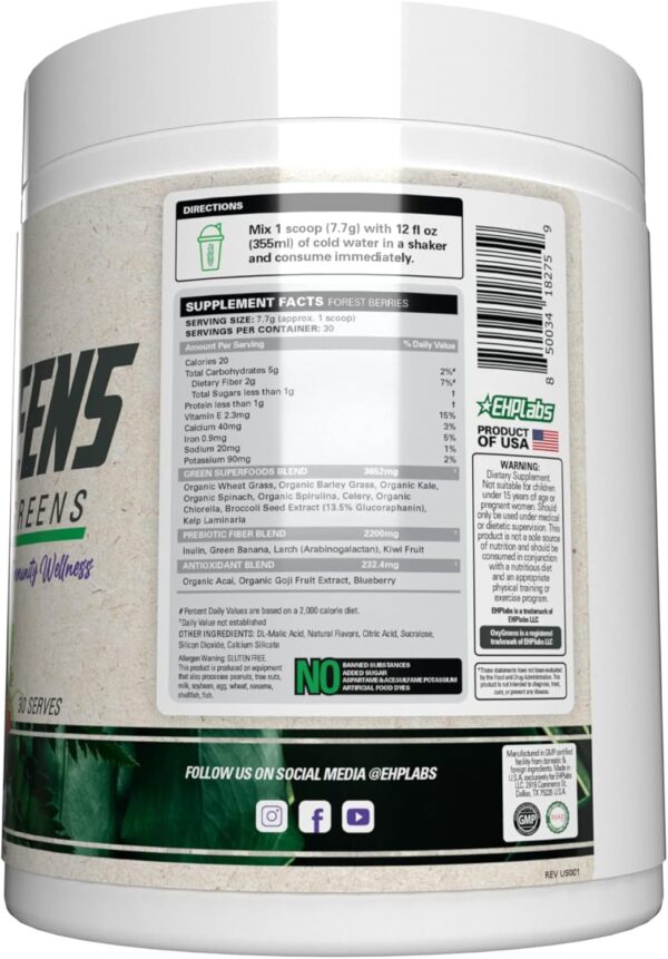 EHP Labs OxyGreens Super Greens Powder – Daily Greens & Superfood Supplement with Spirulina, Chlorella, Prebiotics, Digestive Enzymes, Antioxidants – 30 Servings (Forest Berries)