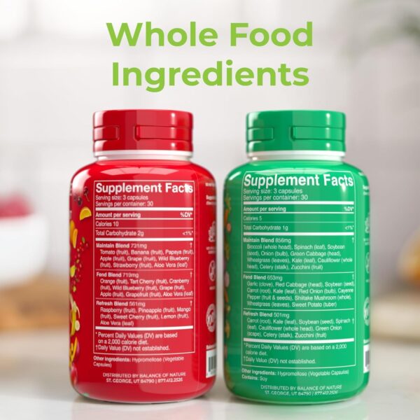 Balance of Nature Fruits and Veggies Supplements - Whole Fruit and Vegetable Ingredients for Women, Men, and Kids - 90 Fruit Capsules, 90 Veggie Capsules - 1 Set