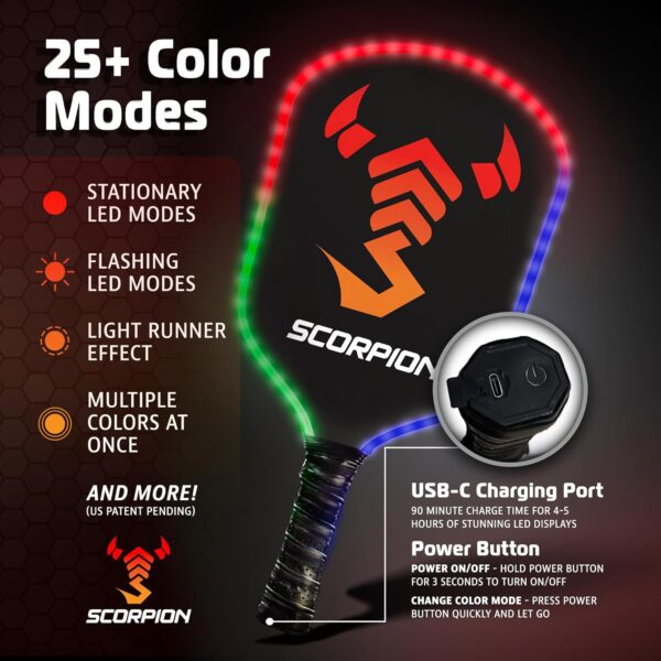 SCORPION LED Pickleball Paddles Set of 2 or 1 – Lightweight Rackets with LED Edge Lighting | Carbon Fiber/Fiberglass/Wood Face | Durable Paddles for Women, Men, and Kids | Includes Bonus Accessories