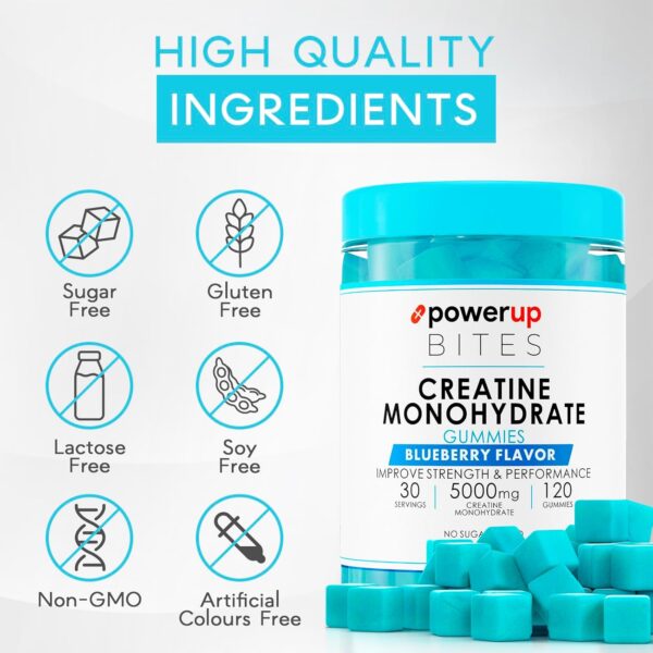 Creatine Monohydrate Gummies Blueberry for Men & Women, 100% Creatine Blueberry Gummies, 5g per Serving + Vegan, Sugar Free + Strength, Energy, Muscle & Booty Gain - 120 Count