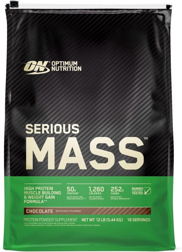 Optimum Nutrition Serious Mass, Weight Gainer Protein Powder, Mass Gainer, Vitamin C and Zinc for Immune Support, Creatine, Chocolate, 12 Pound (Packaging May Vary)