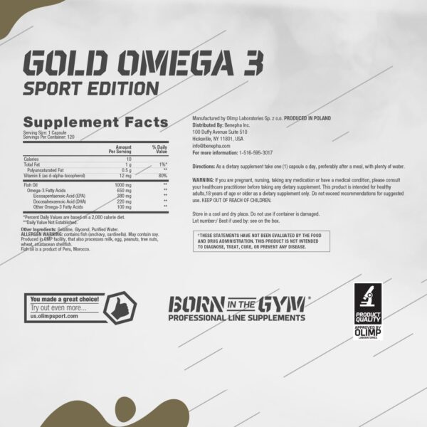 Gold Omega 3 Sport Edition - Pack of 120 Capsules, Quality Omega 3, Immunity Booster Cold-Water Fish Oil Ensuring 65% Content for Optimal Performance Ideal for Athletes