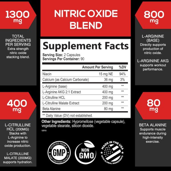 Extra Strength Nitric Oxide Supplement 3X Strength L Arginine, Citrulline Malate, AAKG, Beta Alanine - Premium Muscle Supporting Nitric Booster - Natural Energy & Heart Health Support - 180 Capsules