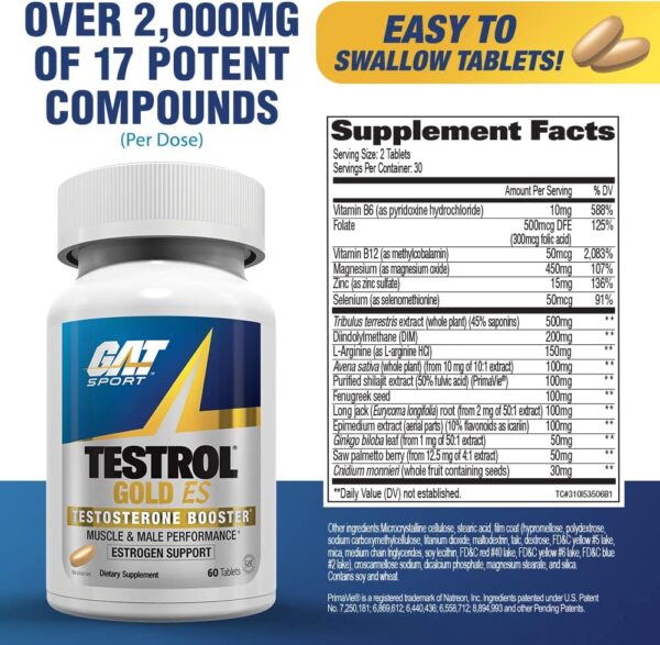 GAT SPORT Testrol Gold ES, Tribulus, DIM, Zinc, Longjack, Fenugreek, Saw Palmetto, Estrogen Balance, 60 Tablets
