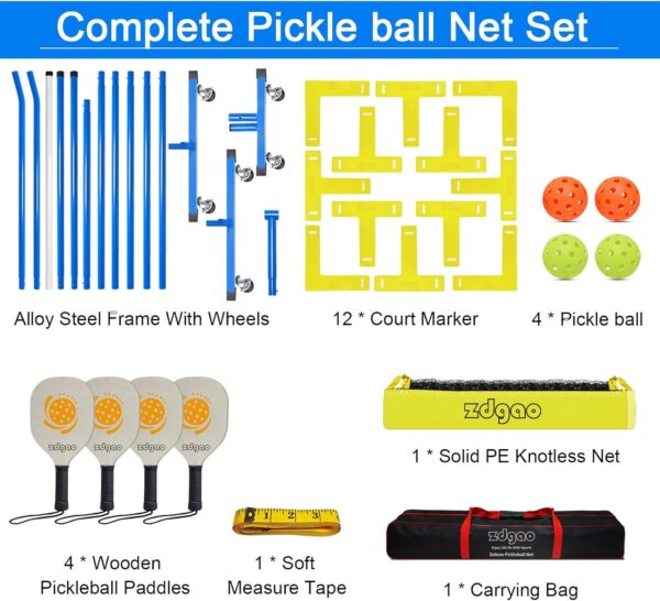 Pickleball Net for Driveway - Portable Pickleball Set with Net and Paddles Set of 4, Court Marking Kit, Outdoor Pickleballs, Carry Bag, Steady Metal Frame Easy Setup