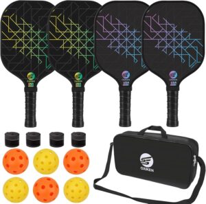 Pickleball Paddles Set of 4, USAPA Approved Carbon Fiber Pickle Ball Paddle (CHS), Polypropylene Honeycomb Core, Anti Slip Sweat Absorbing Grip, 4 Replacement Soft Grip, 6 Pickleball, Bag