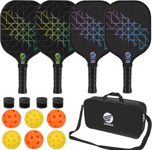 Pickleball Paddles Set of 4, USAPA Approved Carbon Fiber Pickle Ball Paddle (CHS), Polypropylene Honeycomb Core, Anti Slip Sweat Absorbing Grip, 4 Replacement Soft Grip, 6 Pickleball, Bag