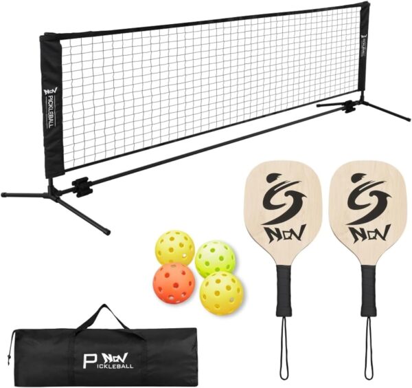 NQV Pickleball Set with Net-10FT Half Court Size Pickleball Net+Wood Pickleball Paddles+Pickle Balls+Ball Retrievers, Portable Outdoor Driveway Indoor for Adults Beginners