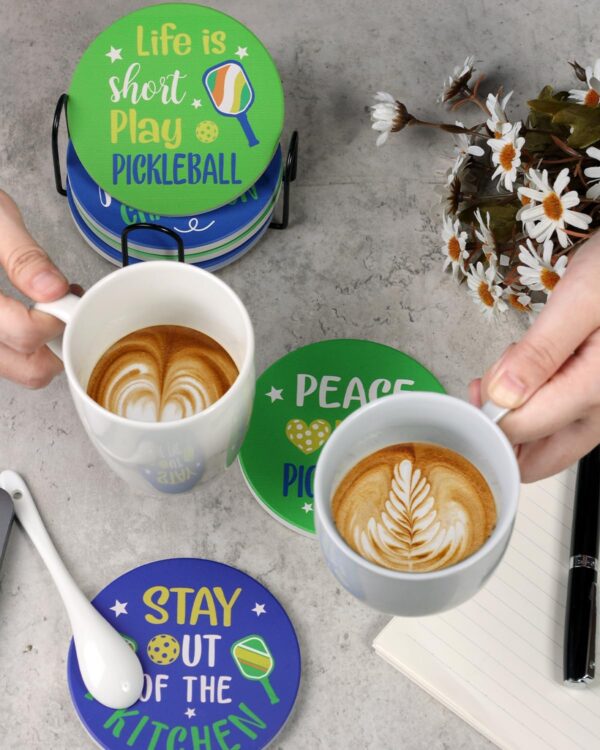 Pickleball Gifts for Women Men Pickleball Lovers 6Pcs Coasters for Drinks Absorbent Ceramic Stone Coasters with Metal Holder Stand Cup Placemat Funny Christmas Pickleball Gift Idea Home Decor