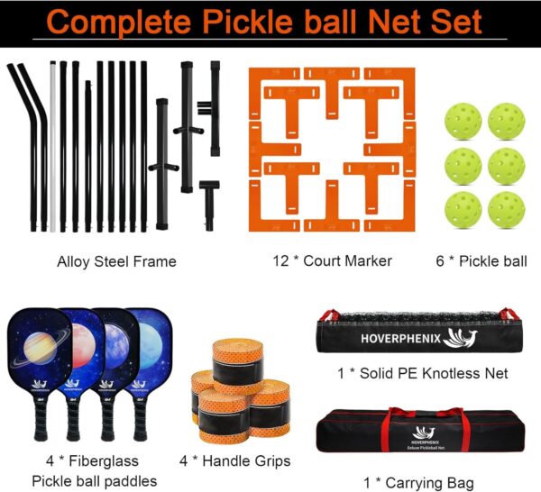 Pickleball Set with Net and Court Marker, 22 FT Regulation Size Pickleball Net System with Fiberglass Paddles Set of 4, Outdoor Pickleballs, Court Line Marker, Carry Bag for Driveway Backyards