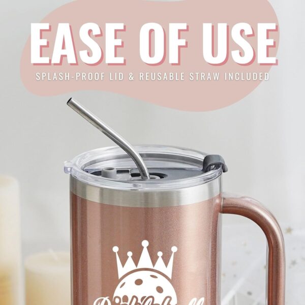 Onebttl Pickleball Gifts for Women, Gifts for Pickleball Lovers, Insulated 40oz Stainless Steel Tumbler with Handle and Straw Lid, Pickleball Accessories, Pickleball Queen, Rose Gold
