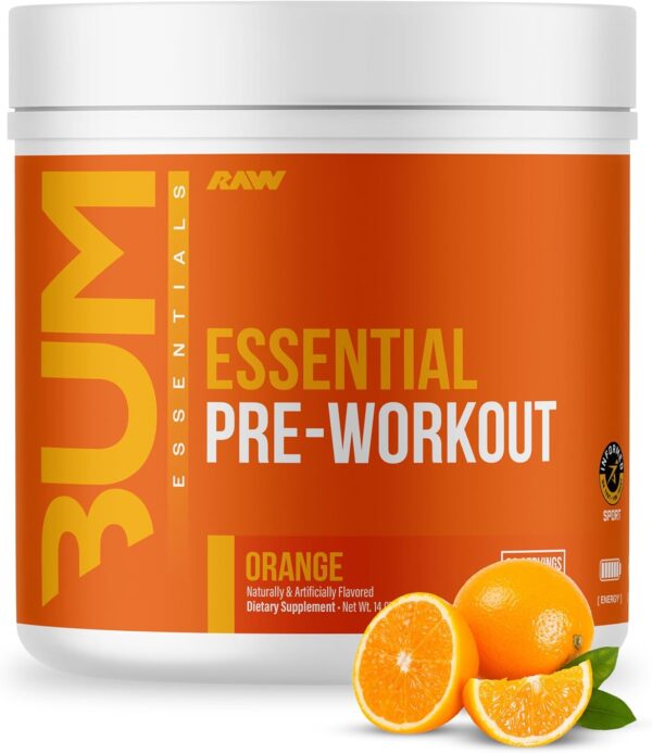 RAW Essential Pre-Workout Powder (Orange) - Chris Bumstead Sports Nutrition Supplement for Men & Women - Preworkout Energy Powder with Caffeine, L-Citrulline, L-Tyrosine, & Beta Alanine Blend